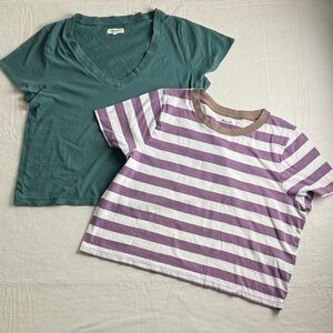 Madewell Bundle Purple White Striped Boxy Cropped Teal V-neck Tee Size L